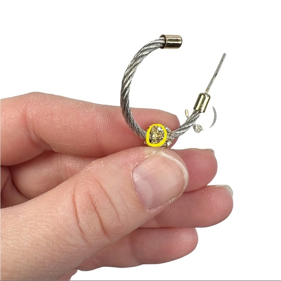 Silver & Gold Tone Twisted Cable Rhinestone Ball Pierced Hoops Earrings - Picture 6 of 8